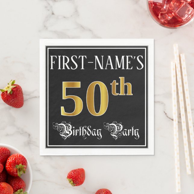 50th Birthday Party — Fancy Script, Faux Gold Look Napkin (Insitu)