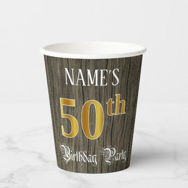 50th Birthday Party — Faux Gold & Faux Wood Looks Paper Cups (Front)