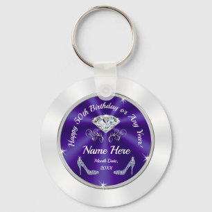 50th Birthday Party Favors, Purple, Silver, White Key Ring