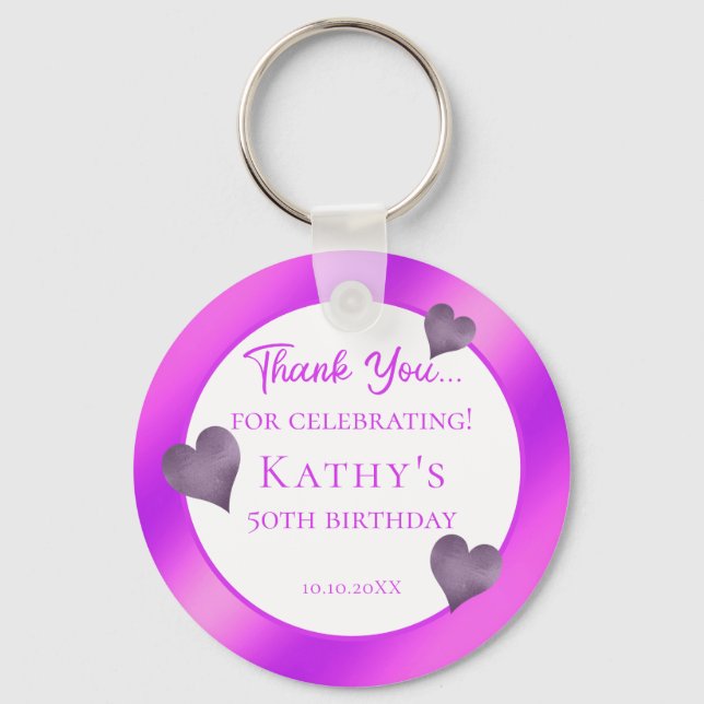 50th Birthday Party Favour Purple Hearts   Key Ring (Front)