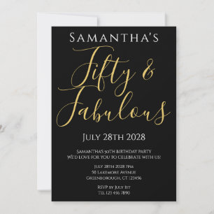 50th Birthday Party Fifty and Fabulous Black Gold Invitation