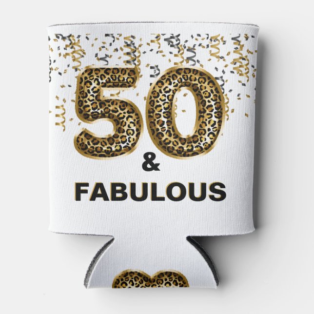 50th Birthday Party Fifty and Fabulous Leopard  Can Cooler (Front)