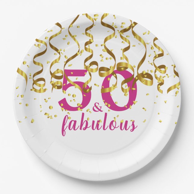 50th Birthday Party|Fifty and Fabulous|Pink White Paper Plate (Front)