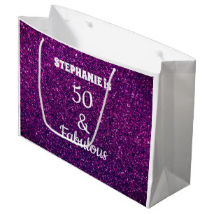 50th Birthday Party Fifty Purple Pink Glitter  Large Gift Bag