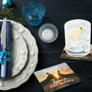 50th birthday party for guys cheers beer square paper coaster