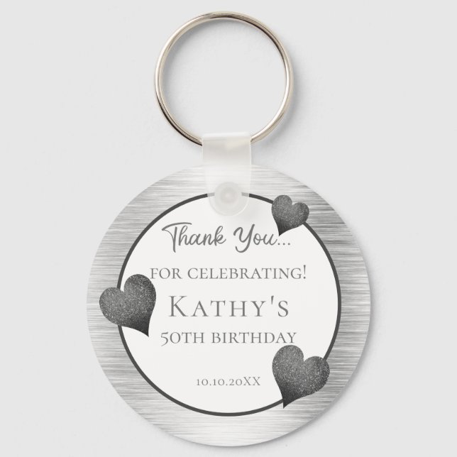 50th Birthday Party Gift Silver Keychain (Front)