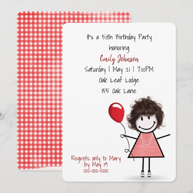 50th Birthday Party Girl with Red Balloon   Invitation (Front/Back)