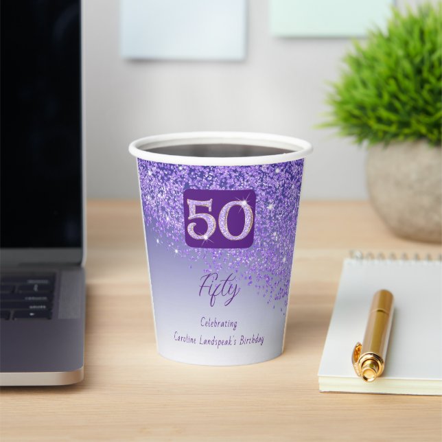 50th Birthday Party Gleaming Purple Glitter Paper Cups (Insitu)