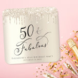 50th Birthday Party Glitter Gold  Square Paper Coaster<br><div class="desc">Elegant and chic personalised 50th birthday party coaster featuring "50 & Fabulous" in a stylish script against a gold faux foil background,  with gold faux glitter dripsp. You can personalise with her name and date of the party.</div>