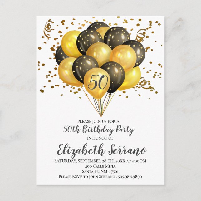 50th birthday Party Gold & Black Balloons Confetti Invitation Postcard (Front)