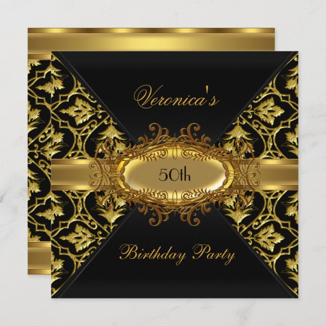 50th Birthday Party Gold Black Damask invite (Front/Back)