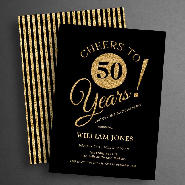 50th Birthday Party Gold Black Invitation (Creator Uploaded)