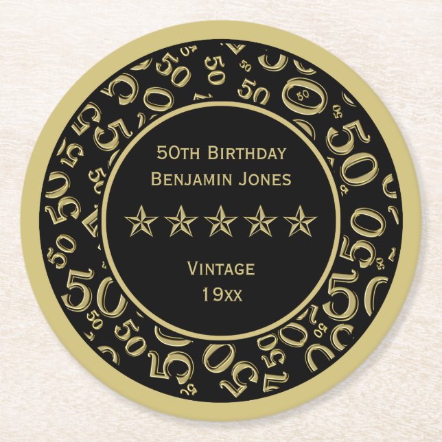 50th Birthday Party Gold/Black Round Pattern Round Paper Coaster (Front)