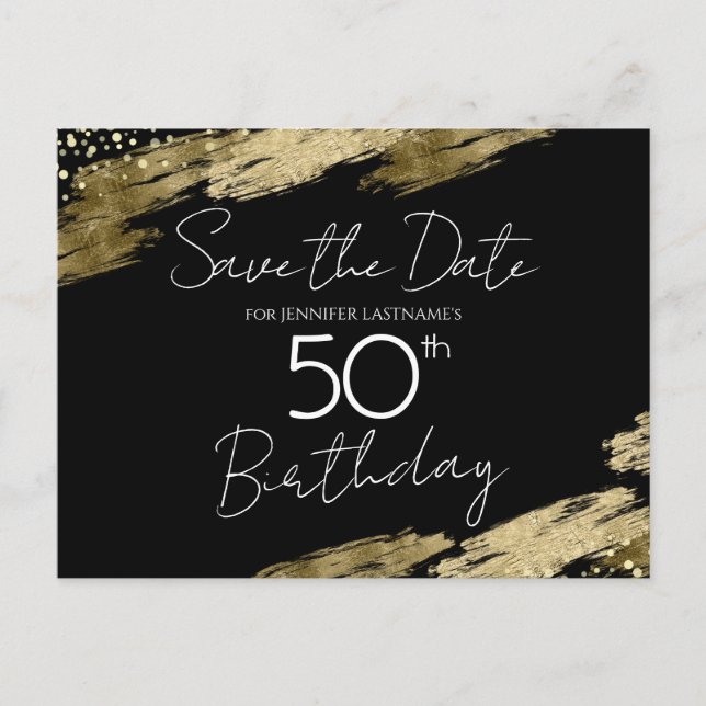 50th Birthday Party Gold Black Save the Date Postcard (Front)