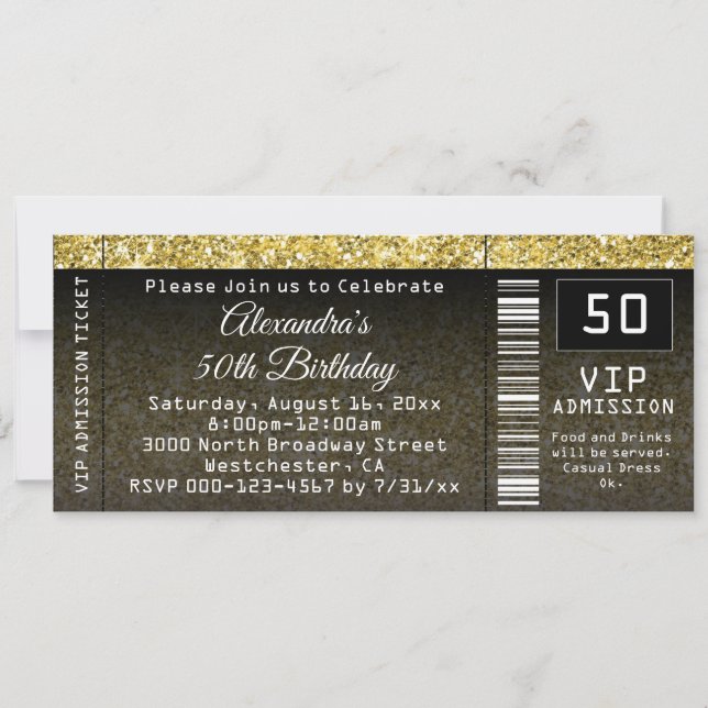 50th Birthday Party Gold/Black Ticket Invitation (Front)