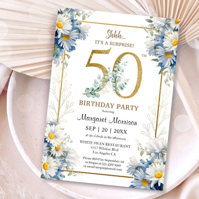 50th Birthday Party Gold Elegant Daisy Floral Invitation (Creator Uploaded)