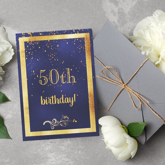 50th birthday party gold frame blue invitation (Creator Uploaded)