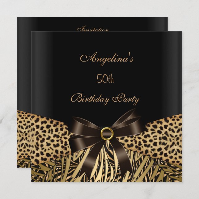 50th Birthday Party Gold Leopard Brown Black Invitation (Front/Back)