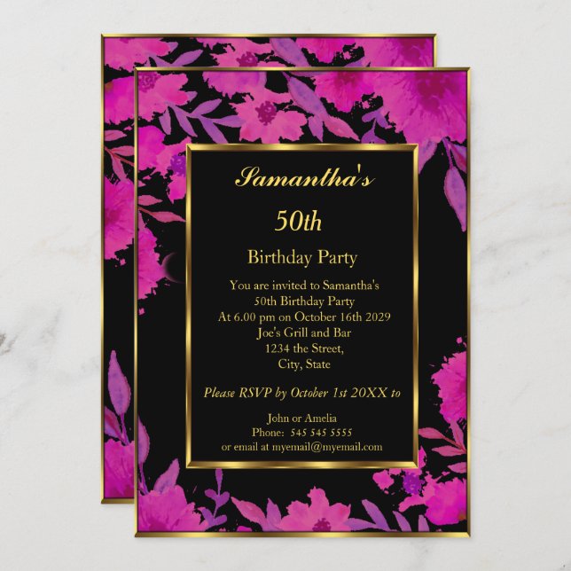 50th Birthday Party Gold Pink Flower Floral  Invitation (Front/Back)