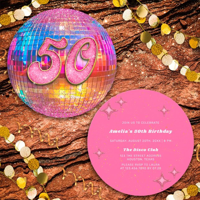 50th Birthday Party Gold Pink Glitter Disco Ball Invitation (Front/Back)