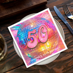 50th Birthday Party Gold Pink Glitter Disco Ball Napkin