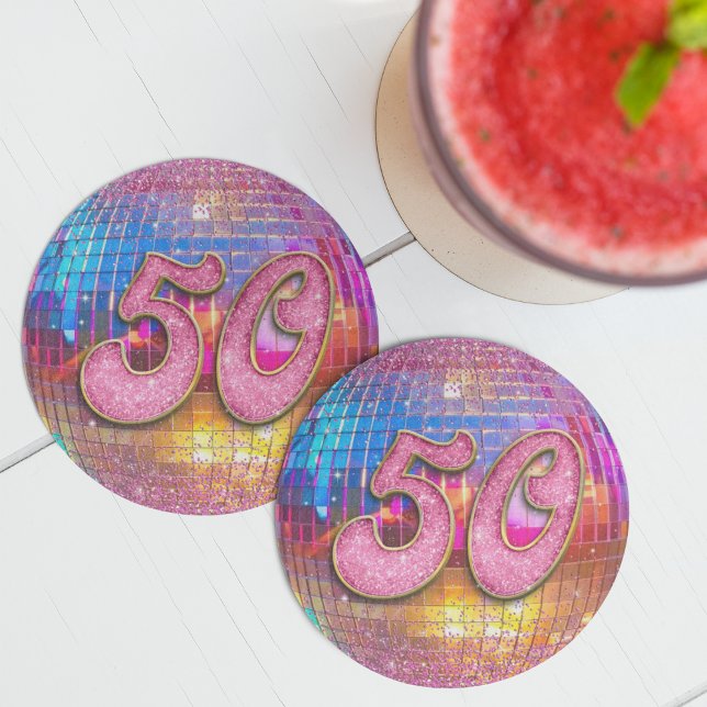 50th Birthday Party Gold Pink Glitter Disco Ball Round Paper Coaster (Creator Uploaded)