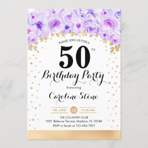 50th Birthday Party - Gold Purple Flowers Invitation