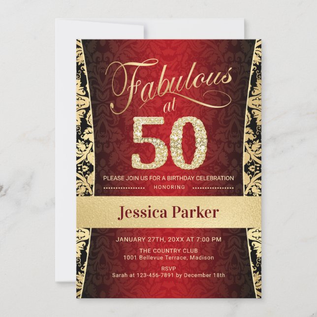 50th Birthday Party - Gold Red Black Invitation (Front)