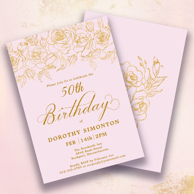50th Birthday Party Gold Rose Floral Blush Pink Invitation (Creator Uploaded)