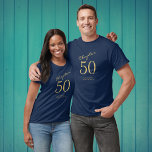 50th Birthday Party Gold Script Blue T-Shirt<br><div class="desc">Let your loved one look chic and elegant on their special day with this easily personalised 50th Birthday party gold script blue T-Shirt. Available in a variety of sizes, this sophisticated blue t-shirt features classic gold script. Perfect for any birthday celebration, this custom shirt will make sure the guest of...</div>