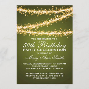 50th Birthday Party Gold String Lights Green Invitation