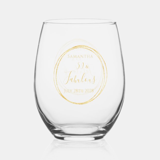 50th Birthday Party Gold Typography Personalized Stemless Wine Glass (Front)