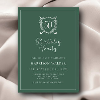 50th Birthday Party Golf Crest Elegant Script Sage Invitation