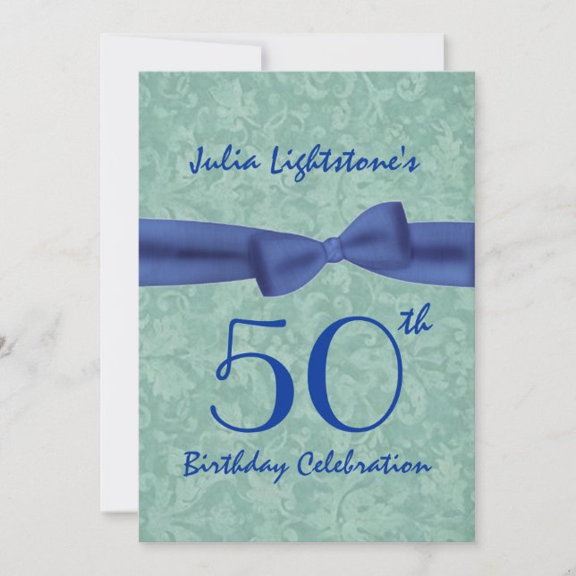 50th Birthday Party Green and Blue Bow W1469 Invitation (Front)