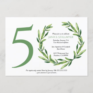 50th Birthday Party, Green Leaf Wreath Invitation