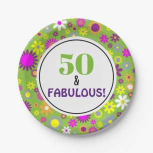 50th Birthday Party Green Purple Floral Paper Plate