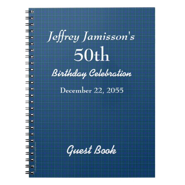 50th Birthday Party Guest Book Blue Plaid (Front)