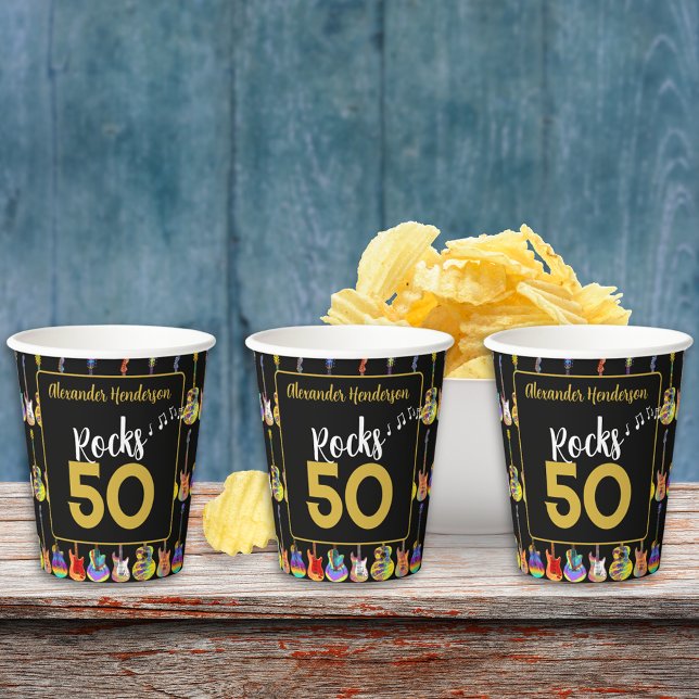 50th Birthday Party Guitar Rock Personalised Paper Cups (Personalized rock and roll 50th birthday party colorful guitars black and gold)