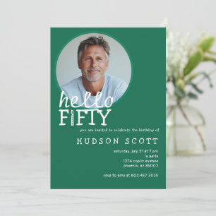 50th Birthday Party Hello Fifty Photo Green Invitation
