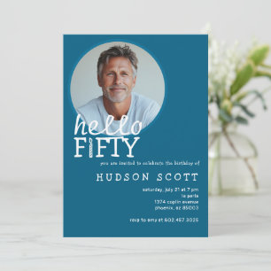 50th Birthday Party Hello Fifty Photo Modern Blue Invitation