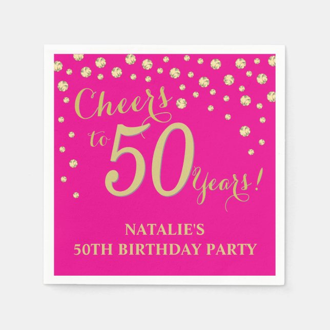 50th Birthday Party Hot Pink and Gold Diamond Napkin (Front)