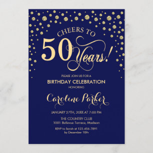 50th Birthday Party Invitation - Gold Navy Blue