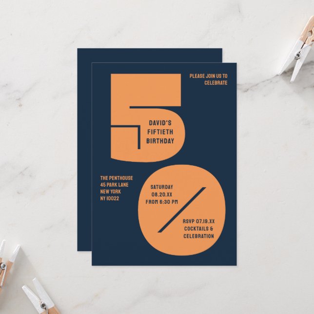 50th Birthday Party Invitation Modern Navy Orange (Front/Back In Situ)