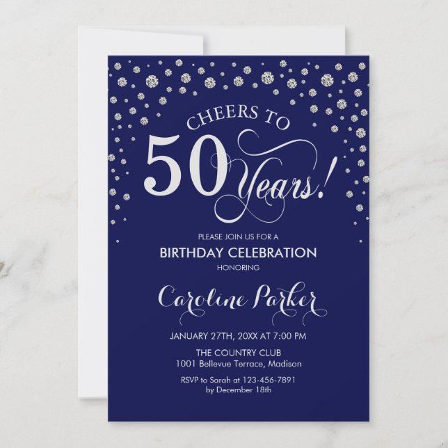 50th Birthday Party Invitation - Silver Navy Blue (Front)