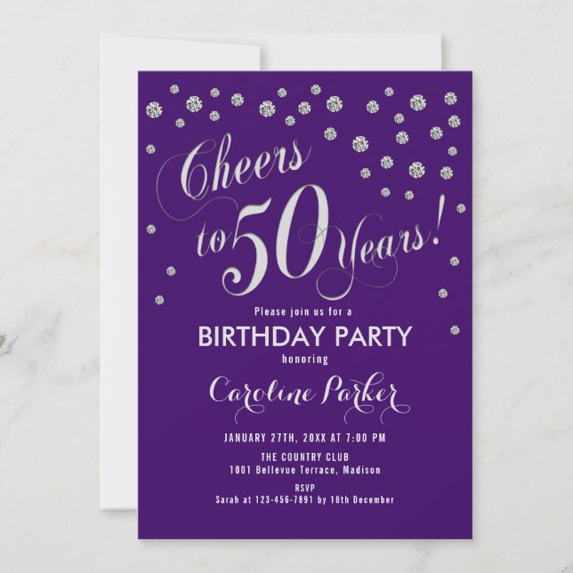 50th Birthday Party Invitation - Silver Purple (Front)