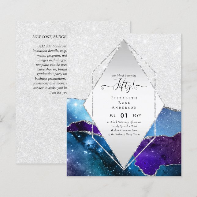 50th Birthday Party Invitations Glitter Glamour (Front/Back)