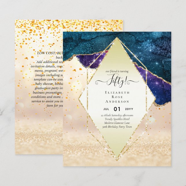 50th Birthday Party Invitations Glitter Glamour (Front/Back)