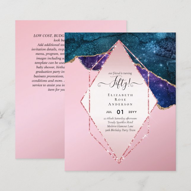 50th Birthday Party Invitations Glitter Glamour (Front/Back)