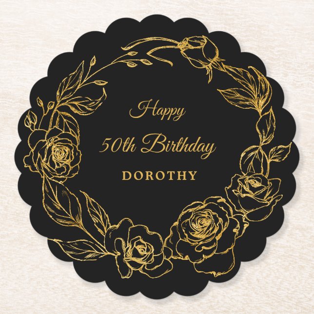 50th Birthday Party Luxe Gold Rose Floral Black Paper Coaster (Front)