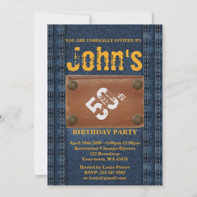 50th,Birthday Party Man, Invitation Denim style (Front)